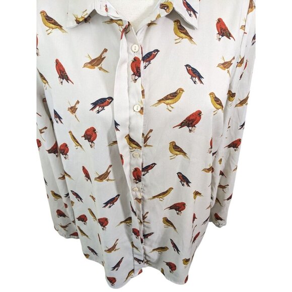 Forever 21 Womens Blouse Button Up Top Shirt Size L Cream All Over Bird Print - Picture 8 of 12